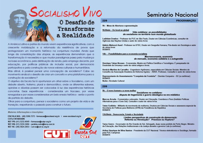 Seminário Nacional Socialismo Vivo – 22 e 23 setembro –Escola Sindical Sul